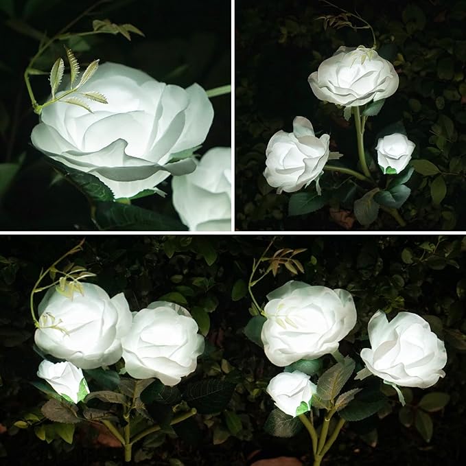 Solar Rose Garden Lights, 2 Pack Realistic Solar Flower Lights, Waterproof LED Decorative Stake Landscape Lights for Patio Pathway Grave Cemetery Outdoor Decor (White)