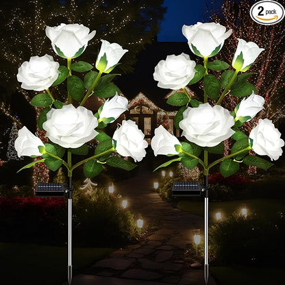 DWH 2 Pack Solar Garden Lights Outdoor, 7-Flower Rose LED Stake Light for Yard Patio Pathway Lawn Fence Cemetery, White