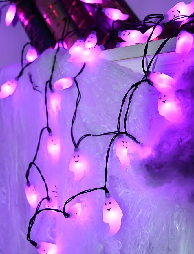 SUNSGNE 21ft Halloween String Lights, 50 LED Purple Ghost String Lights with 8 Modes, Extendable, Waterproof - Spooky Decor for Outdoor Garden Patio Yard House Indoor Bedroom Halloween Party