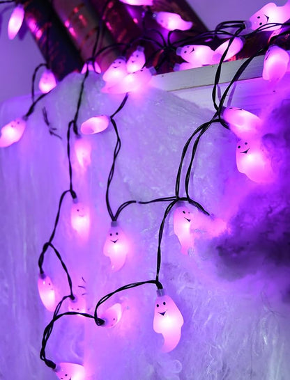 SUNSGNE 21ft Halloween String Lights, 50 LED Purple Ghost String Lights with 8 Modes, Extendable, Waterproof - Spooky Decor for Outdoor Garden Patio Yard House Indoor Bedroom Halloween Party