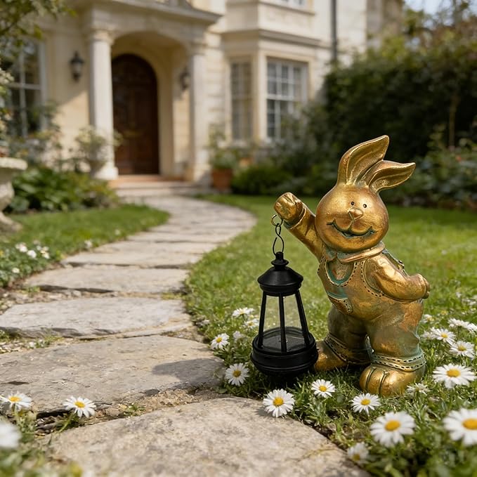 Outdoor Bunny Statue Solar Lantern for Garden Yard Lawn Patio Bronze Rabbit Figurine Decorations Housewarming for Mom Grandma Women