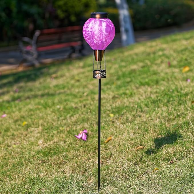 Solar Garden Lights Outdoor with Hot Air Balloon, Stake Garden Lights Solar Waterproof Flickering Lantern Lawn Pathway Patio Decor(Purple)