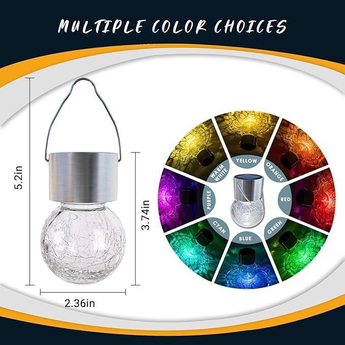 8 Pack Solar Lanterns, Christmas Decoration Lights with Multi-Color Changing Cracked Glass Hanging Ball Solar Outdoor Lights Waterproof Hanging Light for Garden, Yard, Patio, Lawn