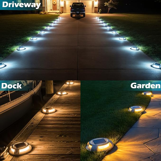 SIEDiNLAR Solar Driveway Lights Outdoor 4 Modes 40 LEDs Deck Driveway Markers Marine Dock Light Waterproof for Walkway Ground Pathway Step Garden Yard, White/Warm Dynamic Lighting (16 Pack)