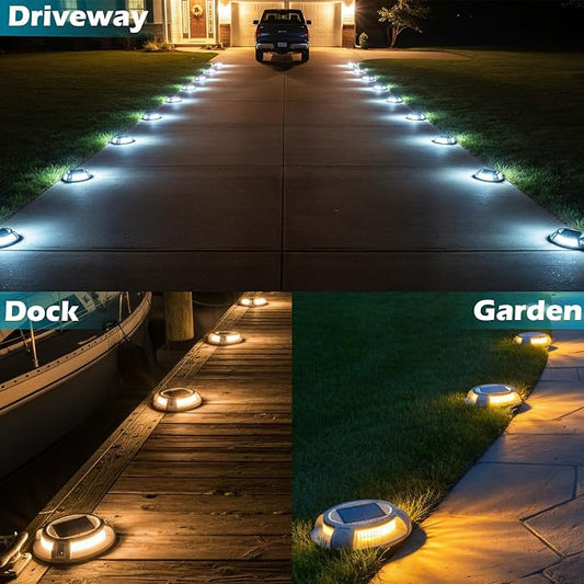 SIEDiNLAR Solar Driveway Lights Outdoor 4 Modes 40 LEDs Dock Driveway Markers Deck Light Waterproof for Step Ground Walkway Pathway Yard Garden, White/Warm Dynamic Lighting (12 Pack)