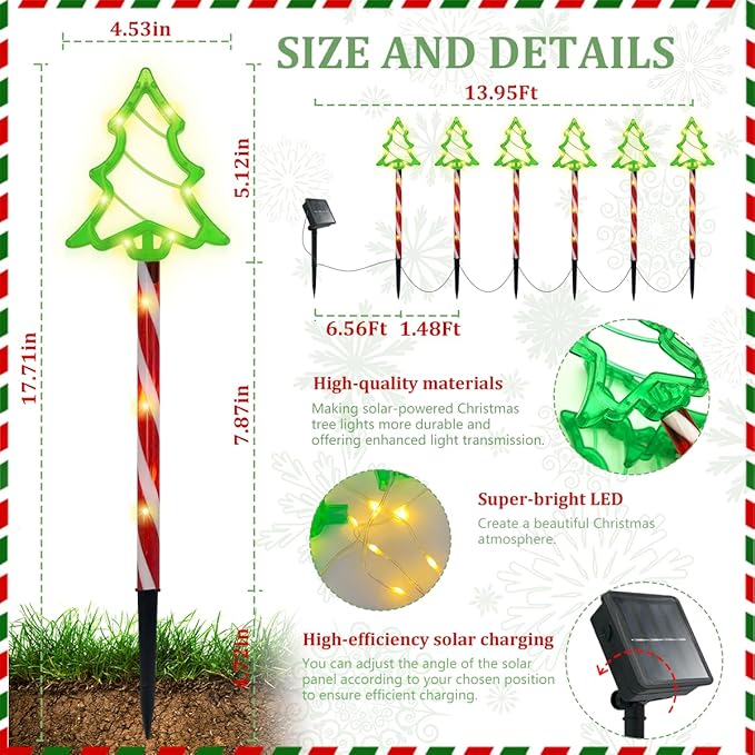6 in 1 Solar Christmas Tree Pathway Lights, 54 LED Solar Powered Christmas Tree Candy Outdoor Decorations, 8 Lighting Modes, 800mAh, Waterproof Xmas Tree Candy Lights for Outdoor Garden