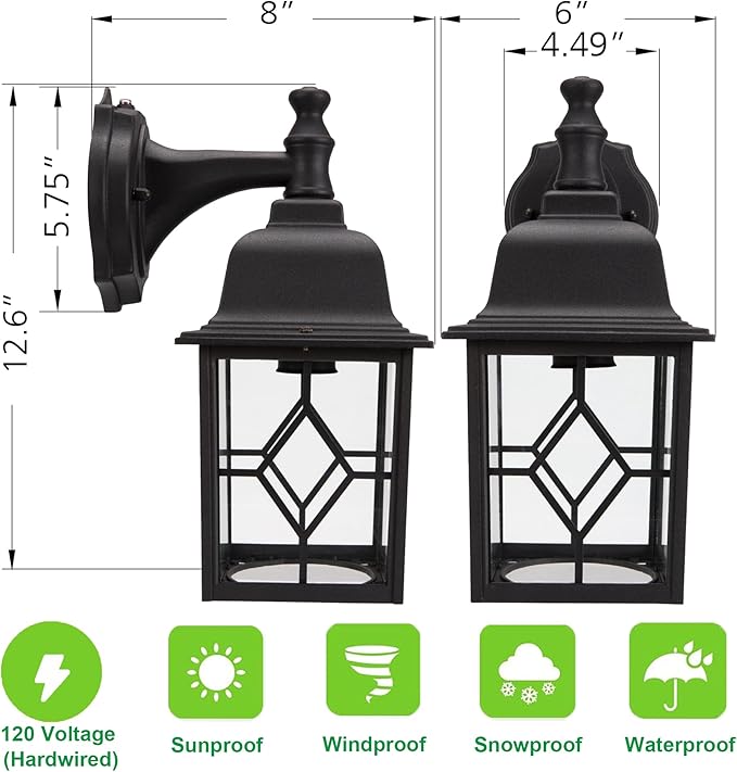 LIT-PaTH Dusk to Dawn Outdoor Wall Lantern, Matte Black Large Exterior Wall Light Fixture, E26 Base, Anti-Rust | Lumora