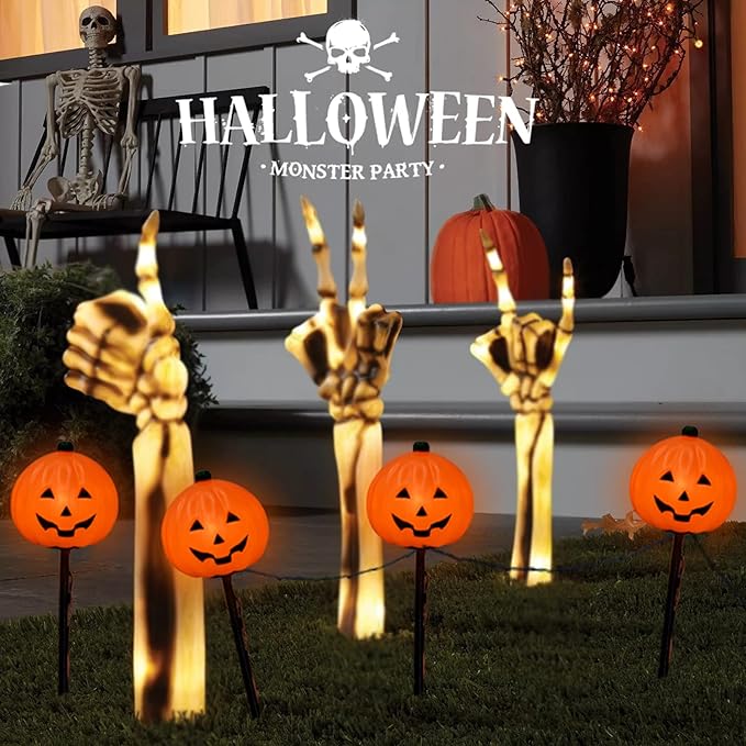 SUNSGNE Halloween Pathway Lights Outdoor, Set of 4 Halloween Pumpkin Stake Lights, Connectable Jack-O-Lantern Walkway Light for Holiday Garden Party Driveway Lawn Lighting Decor