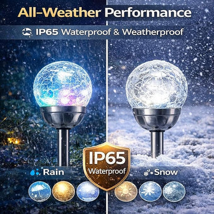 plplaaoo Outdoor Solar Globe Lights – 2 Pcs Cracked Glass Solar Stake Lights with Color Changing LED Bulbs, Waterproof Solars Pathway Light for Garden, Yard & Christmas Decoration (IP65)