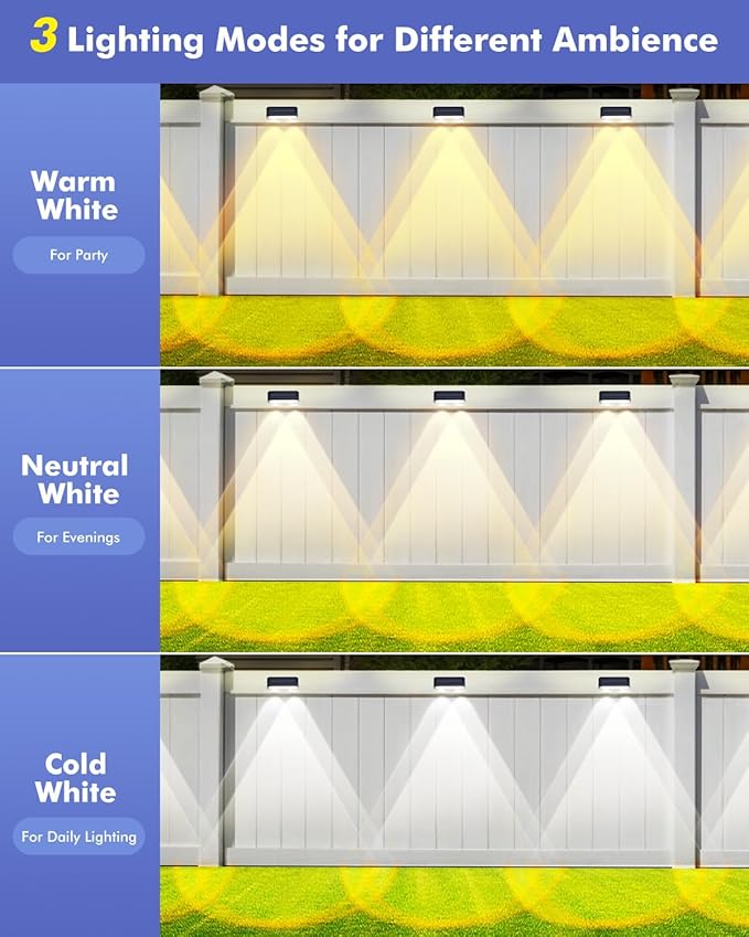Solar Fence Lights Outdoor 8 Pack, IP65 Waterproof Fence Lights Solar Powered, 3 Modes(Warm/Neutral/Cool White) | Lumora