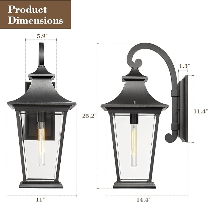 Emliviar Large Outdoor Wall Light, 25" Modern Front Porch Light for House, Clear Glass in Black Finish, XE220B BK | Lumora