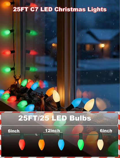 C7 LED Christmas Lights 25Ft Multicolor Christmas String Lights Outdoor with 27 Ceramic LED Light Bulbs, String Lights for Tree Decor Patio Carnival, E12 Candelabra Base Base