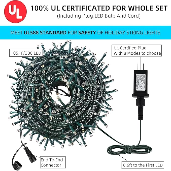 105FT 300 LEDs Blue White Christmas Lights Outdoor Indoor, Waterproof Christmas Tree Lights, 8 Lighting Modes with | Lumora