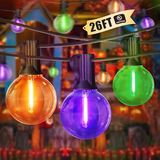 LAMPHOME Globe Outdoor Halloween String Lights, 26FT Patio Lights with 12+1Edison Shatterproof Bulbs(1Spare), connectable Dimmable for Backyard Porch Decor,Orange Green Purple