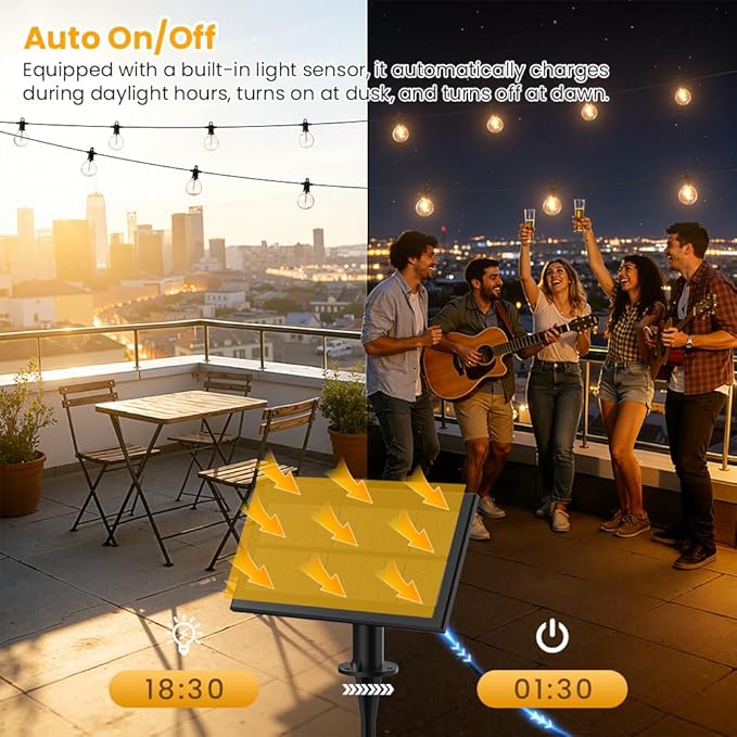 100FT Solar String Lights Outdoor Waterproof IP65 with USB-Charging , Solar Powered LED Patio Lights with 50+2 | Lumora