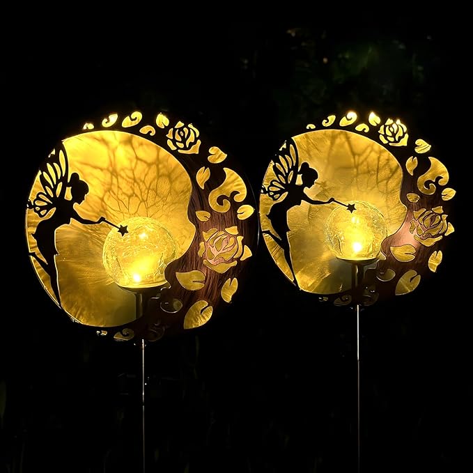 2-Pack Fairy Solar Garden Light, Decorative Outdoor Statue, Moon Star Decor Stake, Metal Sculpture Decoration for Yard, Lawn, Patio, Pathway, Housewarming, Birthday Gift for Mom, Grandma, Women