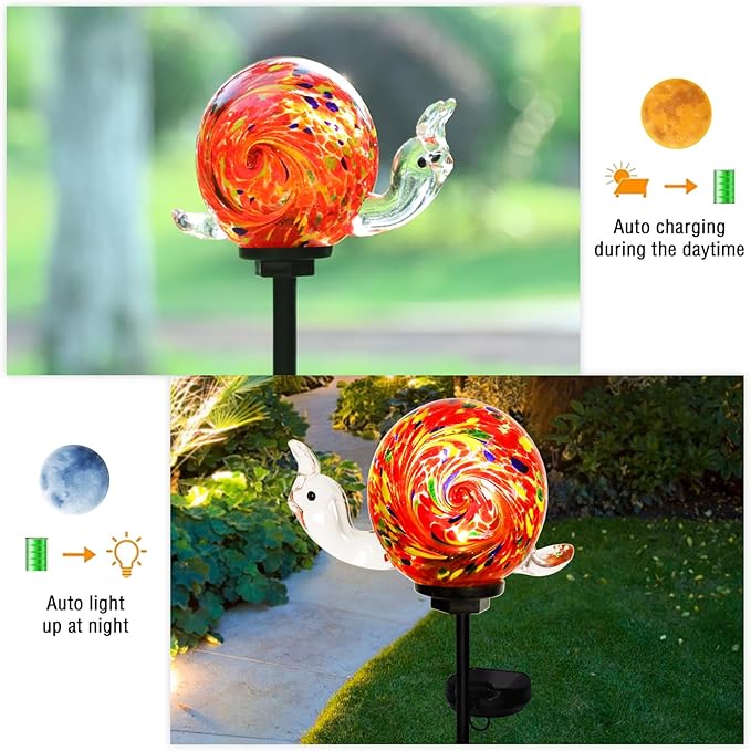 Bshine Solar Garden Decoration Outdoor Snail Lights, Hand Blown Glass Waterproof Solar Light Stake Decorate Paths, Pathways, Lawns and Yards Art for Mom Men, Father's Day Gifts
