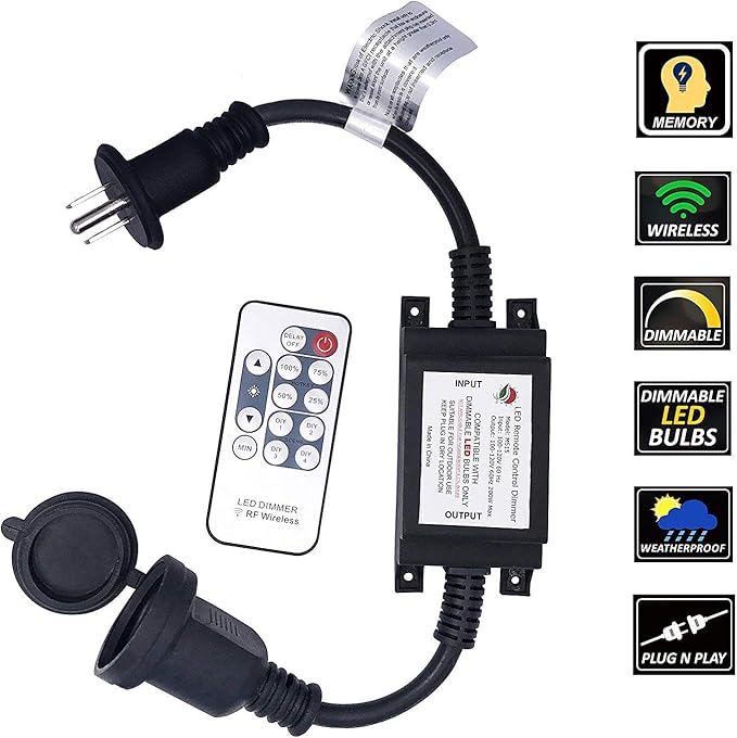 SUNYE Max Power 200W Waterproof Outdoor String Lights Wireless Remote Control, 150Feet Range, Memory, Stepless Dimming, IP68 Waterproof. UL 3 Prong Remote Control Dimmer