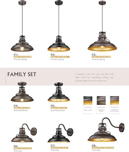 FEMILA Black & Gold Pendant Lights for Kitchen Island, 12" Farmhouse Pendant Light Fixture, Adjustable Hanging Barn Lights Outdoor for Dining Room, Entryway, 4FY15-MP BK-1