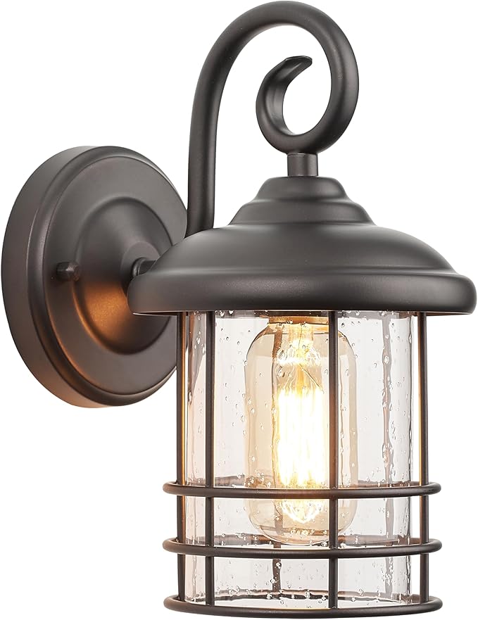MICSIU 9.8" Oil Rubbed Bronze Outdoor Wall Sconce, Exterior Light Fixture with Round Seedy Glass Cylinder, 5.5" W Waterproof Outside Wall Mount Lantern for House, Porch, Garage, E26 Base