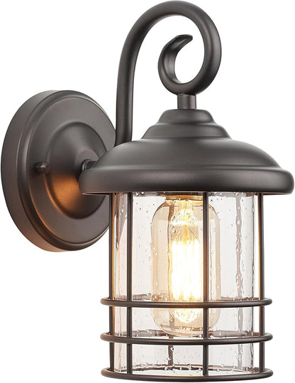 MICSIU 9.8" Oil Rubbed Bronze Outdoor Wall Sconce, Exterior Light Fixture with Round Seedy Glass Cylinder, 5.5" W Waterproof Outside Wall Mount Lantern for House, Porch, Garage, E26 Base