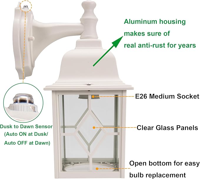 LIT-PaTH Dusk to Dawn Outdoor Wall Lantern, White Large Exterior Wall Light Fixture, E26 Base, Anti-Rust Aluminum | Lumora