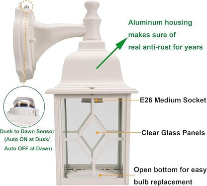 LIT-PaTH Dusk to Dawn Outdoor Wall Lantern, White Large Exterior Wall Light Fixture, E26 Base, Anti-Rust Aluminum Porch Lighting for Outside, Patio, Garage, 1 Pack
