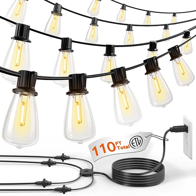 addlon 50FT Solar String Light 1-to-4 Extension Cord String Lights - 110FT Total (4x25FT String Lights + 10FT)