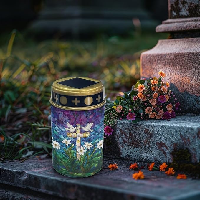 Solar Lighted Cross Pigeon Lily Print Waterproof Solar Grave Outdoor Lights for Cemetery Landscape Path Flamesless Candle Garden Stake Light for Outdoor Yard Patio
