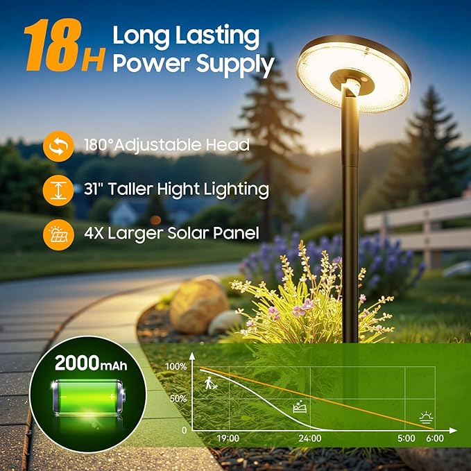 Tall Solar Pathway Lights Outdoor, 6 Pack 180° Adjustable Larger Head Solar Lights Outdoor Waterproof, Brighter Warm White/Cool White Garden Light for Yard Path Walkway Outside