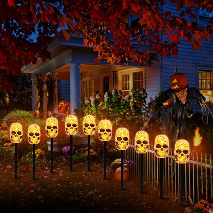 LAMPHOME Halloween Pathway Lights Outdoor, 5PCS Skull Halloween Decorations Outdoor Yard, Pathway Marker Stake Lights for Patio Ground Path Sidewalk Walkway Driveway