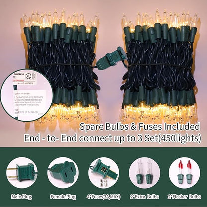 LAMPHOME Clear Christmas String Lights 300 Count 63.8ft(2pk of 150L) Incandescent Bulb Mini Lights for Valentines Day Indoor Xmas Tree Garland Birthday Wedding Party Festival Decoration, Green Wire