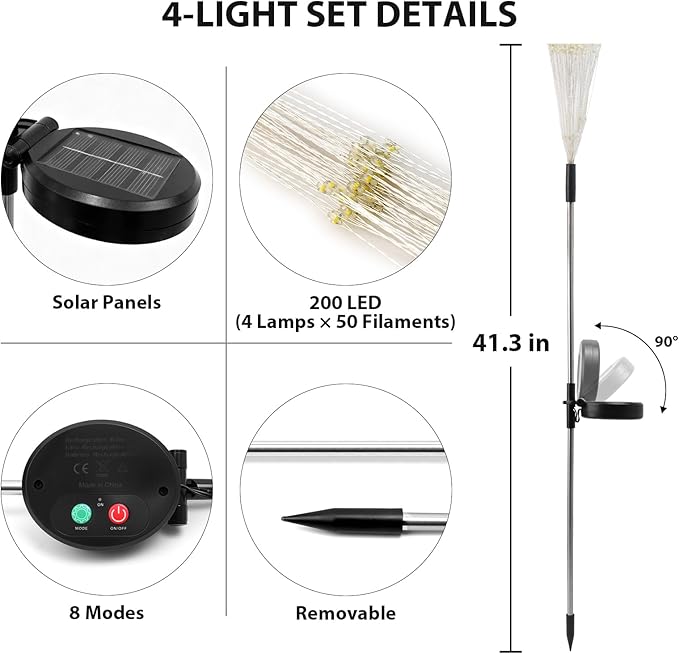 4 Pack 200LED Garden Lights Solar Powered Waterproof, Fireworks Solar Lights Outdoor for Yard Pathway, Solar Fairy Lights Christmas Decorations (2 Warm & 2 Colored)