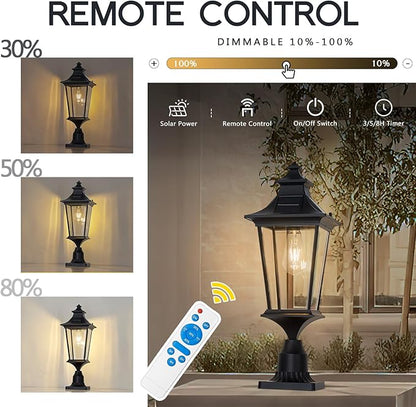 Emliviar 22 Inch Farmhouse Solar Lamp Post Light with Pier Mount, Large Outdoor Post Light for Outside Patio with Remote Control, Die-Cast Aluminum, Black Finish, 500181M-SL BK