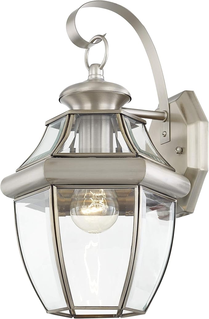 Livex Lighting 2151-91 Monterey 1 Light Outdoor Brushed Nickel Finish Solid Brass Wall Lantern with Clear Beveled | Lumora