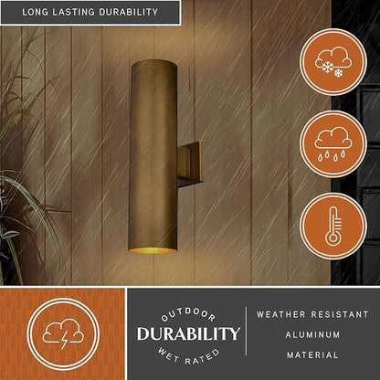 VAXCEL Chiasso 20 in. H 2-Light Warm Brass Outdoor Wall Sconce Made of Rust-Resistant Aluminum, Gold Metal Shade, Up-Down Wall Wash, LED Compatible, Use for Exterior Porch Patio Front Door or Garage
