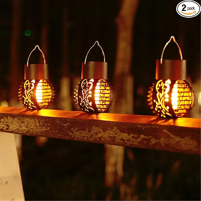 Solar Outdoor Lights Simulation Flame Chandelier Decorative Hanging LED Round Ball Lights 2 Pack Solar Garden Lights Waterproof Solar Powered Ball Lights for Camping Yard Patio Fence Tree Decoration
