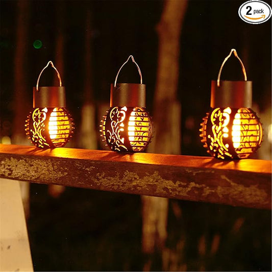 Solar Outdoor Lights Simulation Flame Chandelier Decorative Hanging LED Round Ball Lights 2 Pack Solar Garden Lights Waterproof Solar Powered Ball Lights for Camping Yard Patio Fence Tree Decoration