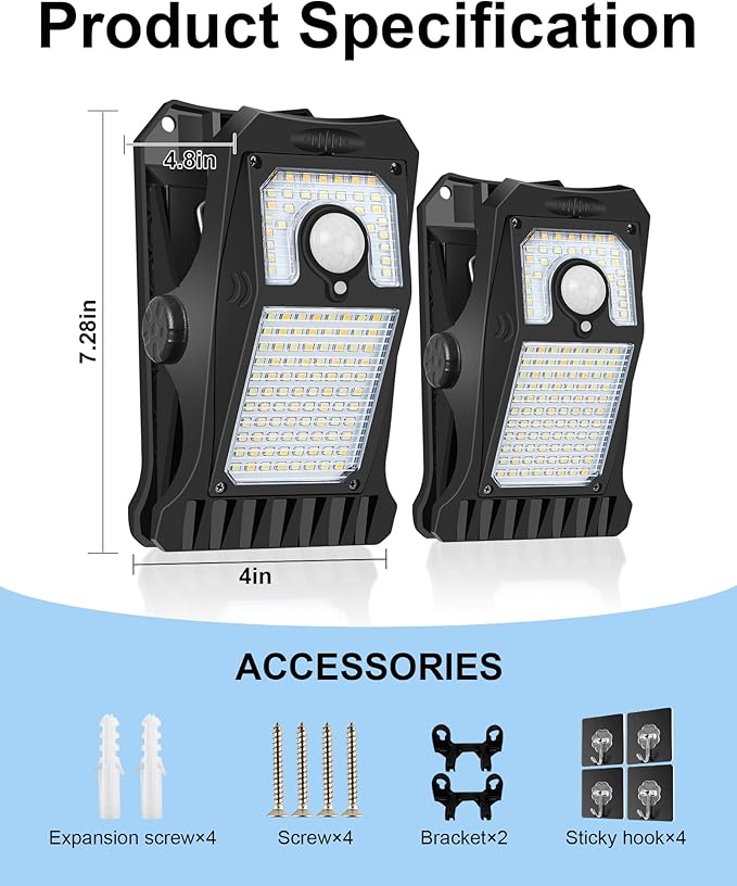 Solar Motion Sensor Lights Outdoor, Clip on Solar Lights Outdoor Waterproof, High Bright Solar Powered Security Lights for Outside Fence Chain Link Camping (2, 118 LED)