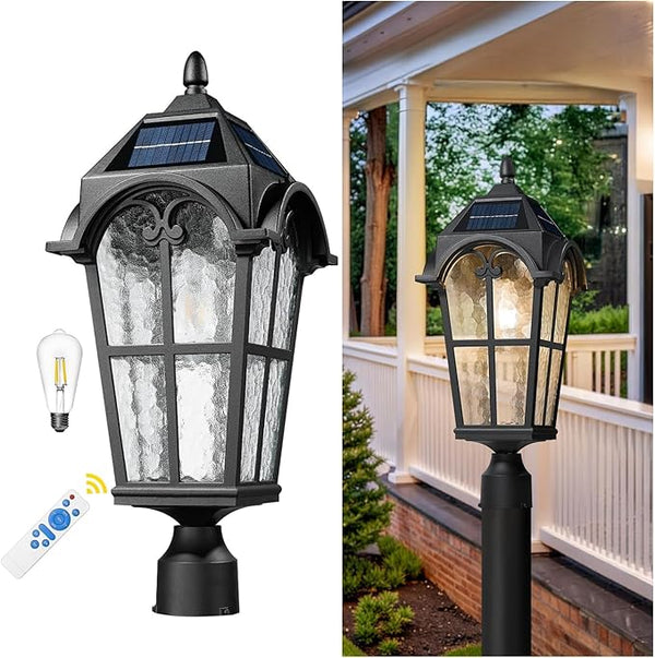 Emliviar Outdoor Solar Lamp Post Light in Black Finish, 22.1" Large Outdoor Lighting with Water Grain Glass Shade | Lumora