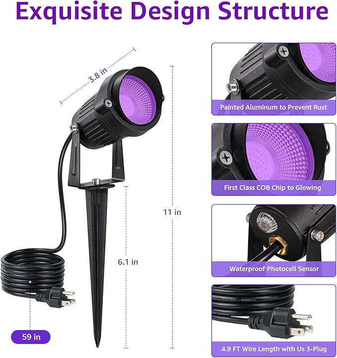 SUNVIE 1 Pack Halloween Spotlights Outdoor Black Light with Photocell Sensor 10W Blacklight Spotlight Waterproof LED Black Light Halloween Spot Lights 120V Purple Spotlight for Glow Party Fluorescent