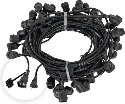 100-ft 50 Suspended Sockets E26 Commercial Patio Light Stringer, Heavy Duty Weatherproof SJTW Black Wire, 24" Spacing, 16 Gauge Wire, Stringer Only