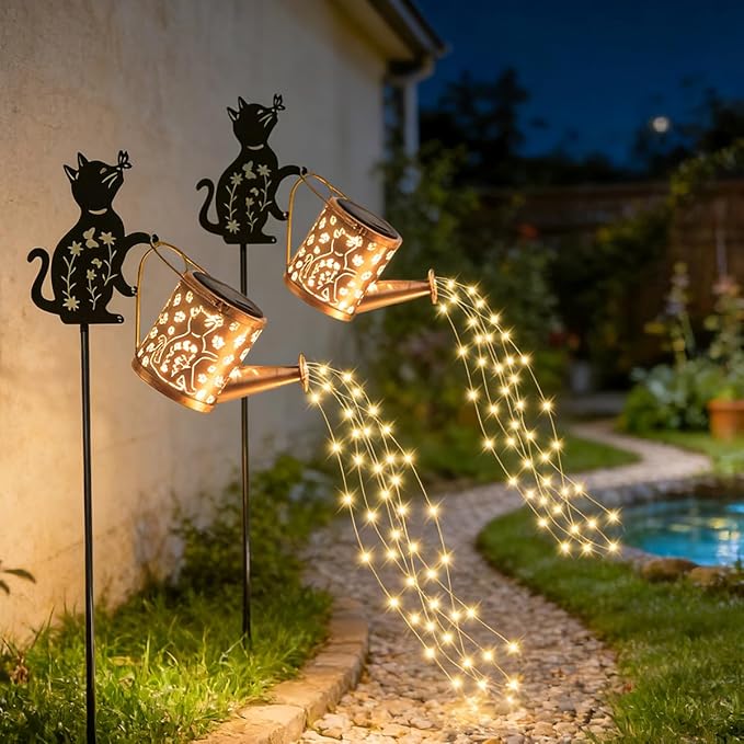 Solar Outdoor Garden Decorative, Watering Can with Light, Featuring Metal Cat Silhouette Garden Stake, Mother's Day Gift for Women, Waterproof Garden Decor (1 Pc Cat Watering Can Light)