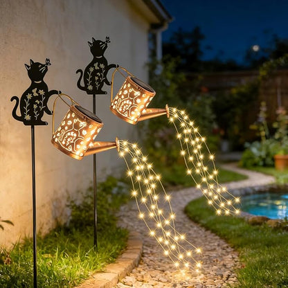Solar Outdoor Garden Decorative, Watering Can with Light, Featuring Metal Cat Silhouette Garden Stake, Mother's Day Gift for Women, Waterproof Garden Decor (1 Pc Cat Watering Can Light)