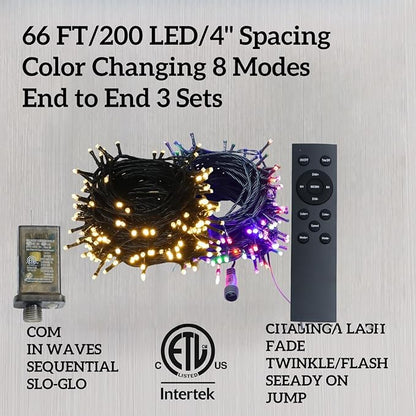 200 LED Color Changing Christmas Lights with Remote - 8 Modes (Warm White to Multicolor), 66ft Green Wire ETL Certified Commercial Grade, Waterproof Indoor/Outdoor for Patio, Trees & Parties.
