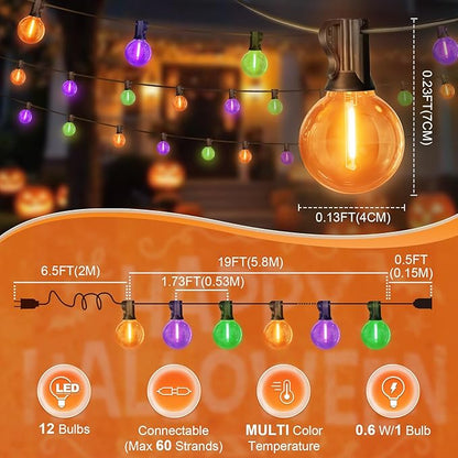 LAMPHOME Globe Outdoor Halloween String Lights, 26FT Patio Lights with 12+1Edison Shatterproof Bulbs(1Spare), connectable Dimmable for Backyard Porch Decor,Orange Green Purple