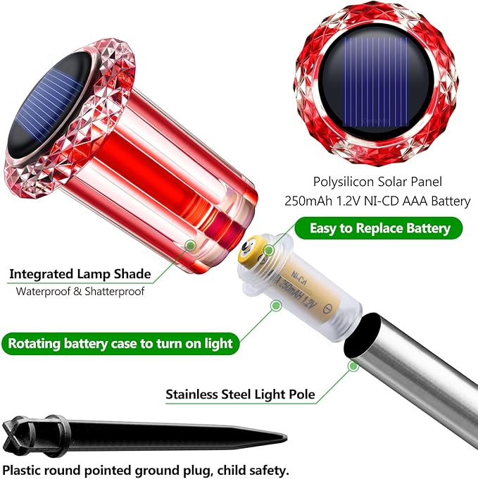 DenicMic Solar Lights Outdoor 10 Pack Waterproof Red White LED Stainless Steel Stake Outside Lights for Yard | Lumora