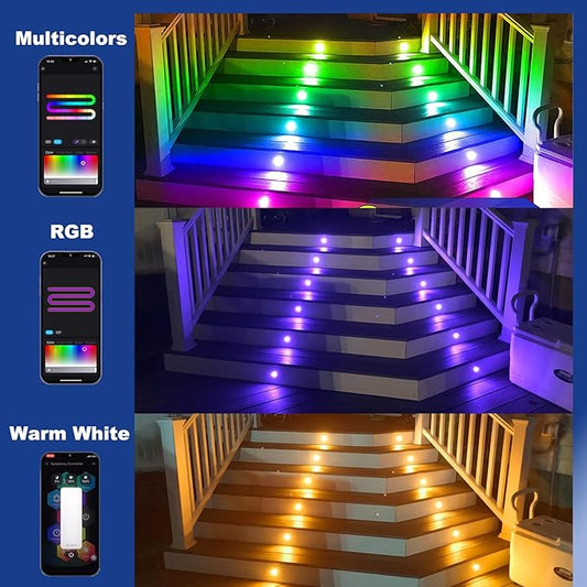 LED Deck Lights Kit, 10Pack 1.22" Low Voltage WiFi RGBW+IC Multicolor Dynamic Recessed Deck Lighting Work with Alexa/Google Home, IP67 Waterproof 12V Step Lights Outdoor for Garden Yard Path Stairs