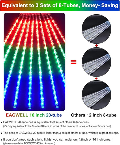 Christmas Lights Outdoor UL Certified Meteor Shower Light 16 Inch 20 Tubes 960 LED Falling Rain Drop Icicle Snow Cascading Lighting for Xmas Tree Wedding Party Garden Decoration, Colorful