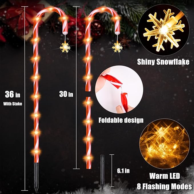20 Pack 36" Candy Cane Lights Outdoor Pathway with Timer 6/18H, Real 30" (36" with Stake) Tall Candy Cane Pathway Lights, 62FT Christmas Decorations Outside, 8 Modes Warm LED Lights with Snowflake